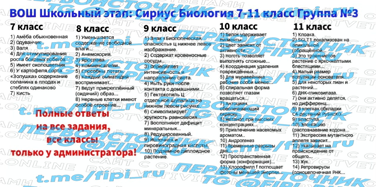 ВОШ Сириус ШЭ (Школьный Этап): Биология 7-11 классы (9 октября)